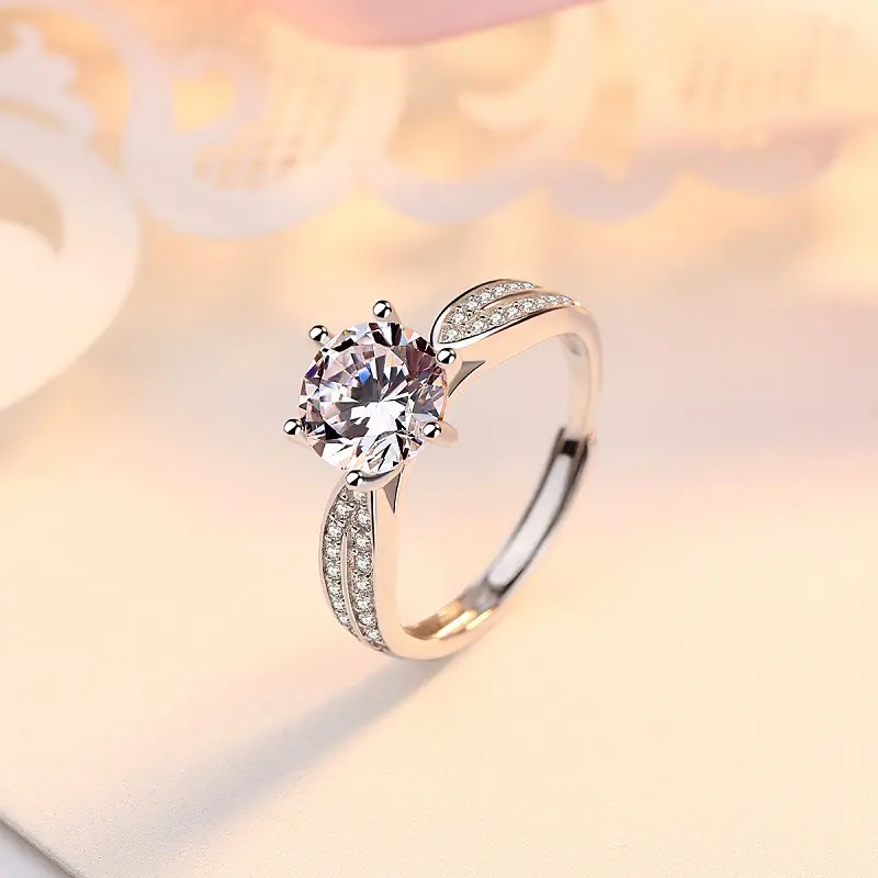 Anillo de boda ajustable con seis garras, Plata de Ley S925, gran oferta