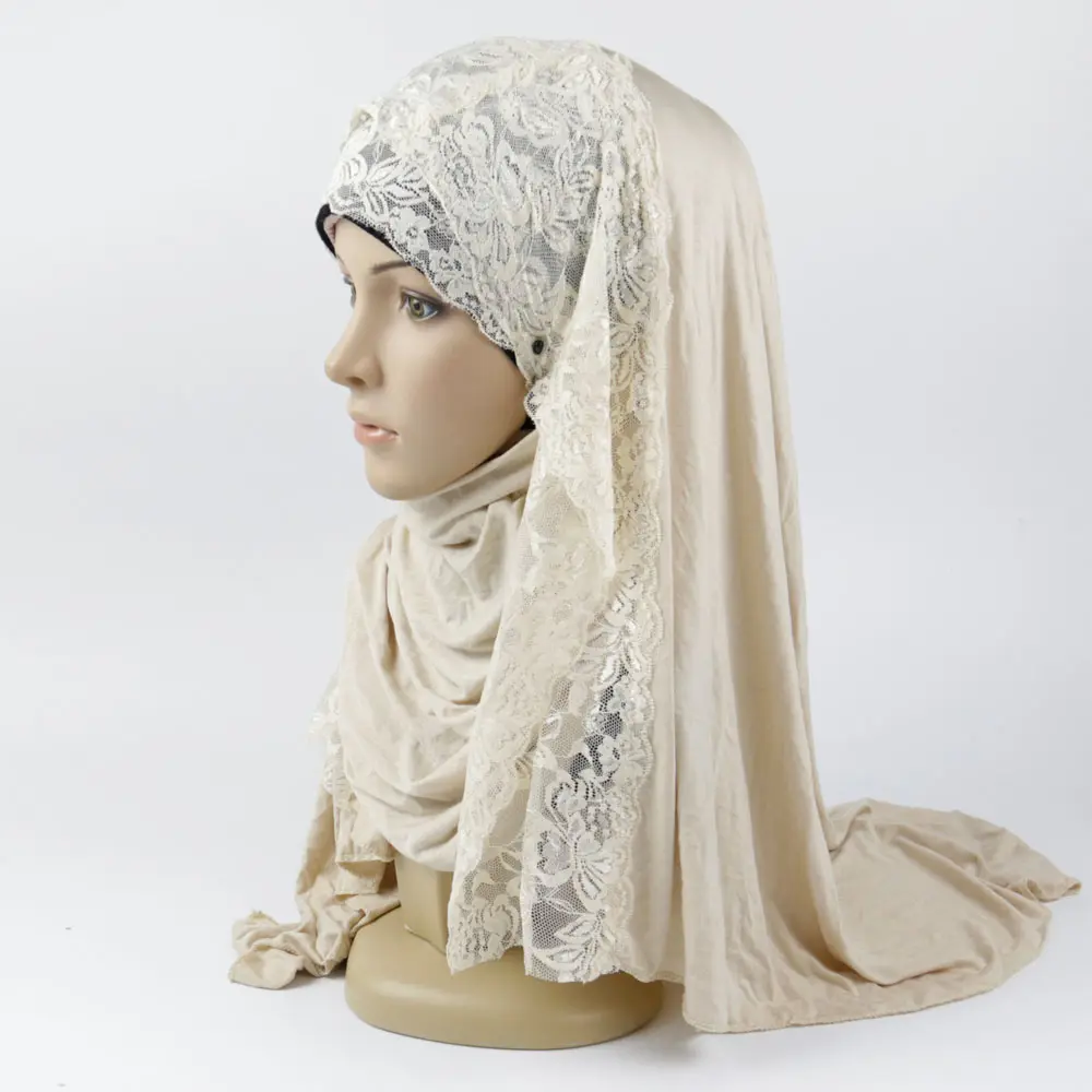 Hot Fancy Lace Jersey Katoen Hijab Sjaal Voor Sjaal Vrouwen Hijab Sjaal