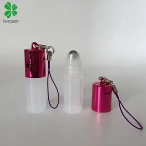 Mini size 3ml plastic roll on bottle with UV plating cap metal stainless steel ball key chain lanyard for essential oil creams