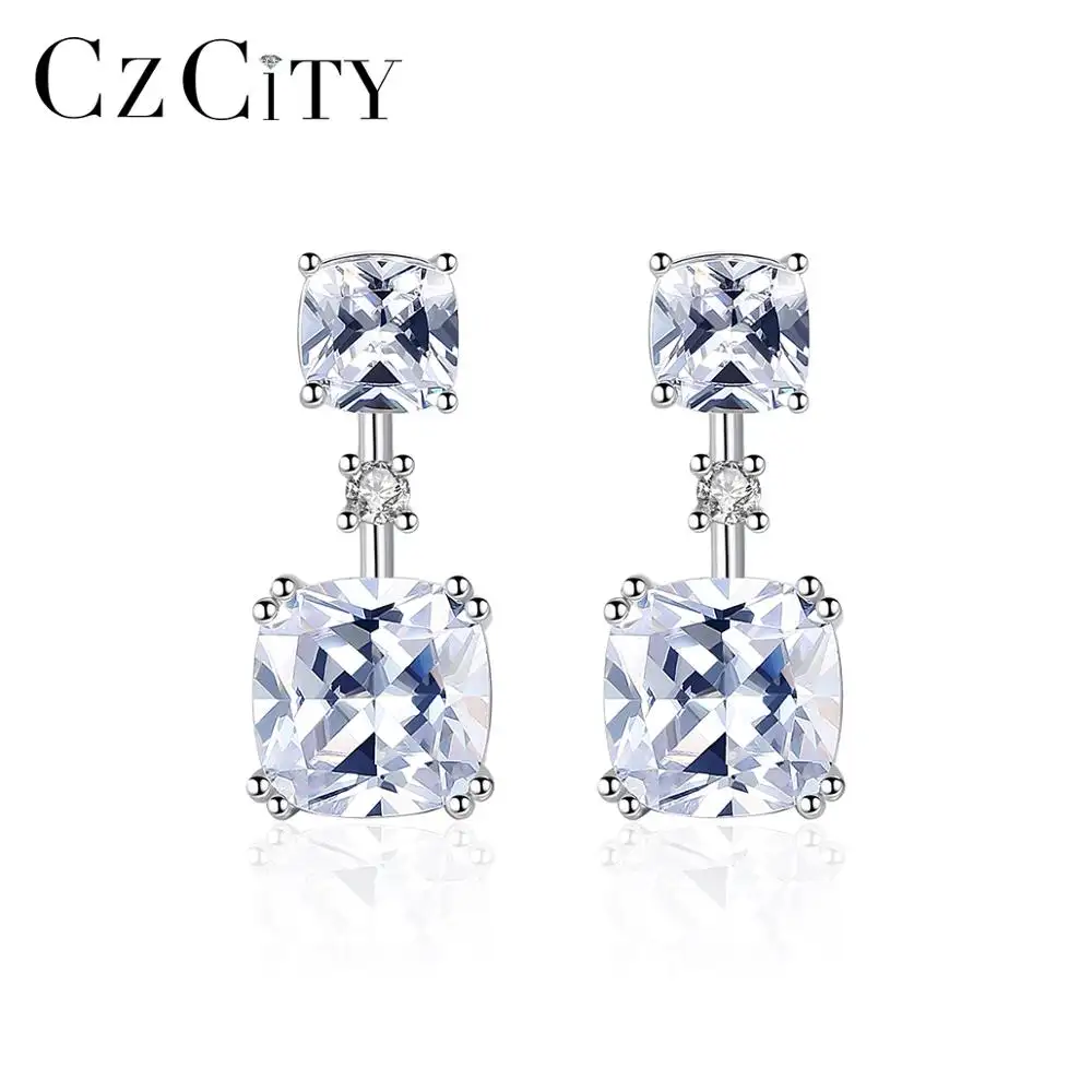 CZCITYシンプルシルバーCZイヤリング3Aキュービックジルコニアジュエリー女性用クリアCZドロップイヤリングシルバー925