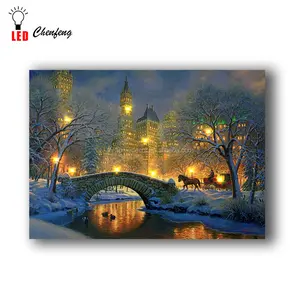 Photos murales lumineuses de noël en hiver sur toile, pont de jardin, peinture à l'huile, encadrées avec lumières led, impressions de vacances