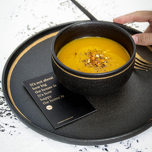 Vajilla nórdica de lujo, cuenco redondo de cerámica negra para sopa, arroz y ensalada con borde dorado - Product Image 4