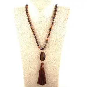 Weiße Howlite-Halskette für Frauen, böhmischer Stammes schmuck, Naturstein, verknotete Mond quaste, Mode