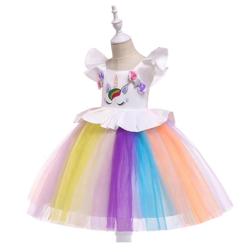 Baby Girl Unicorn Flower Princess Dress Birthday Party Princess Dress Stitching Colorful Net Yarn Princess Dress