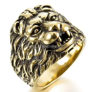 Cabeza de león anillo de los hombres de acero inoxidable anillo de oro negro cabeza de león gótico de