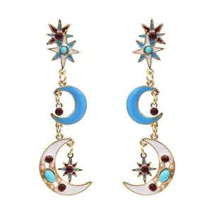 Retro Geometric Colorful Stars Moon Enamel Long Drop Earrings For Women Gold Plated Earrings