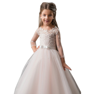 Illusione di compleanno manica a tre quarti Appliques abito da sposa ragazza treno <span class=keywords><strong>lungo</strong></span> WF131 - Product Image 2
