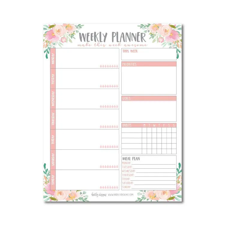 Custom Pink Floral Undated Family Calendar Pad Weekend Organizer Weekly Planner To Do List Notepad