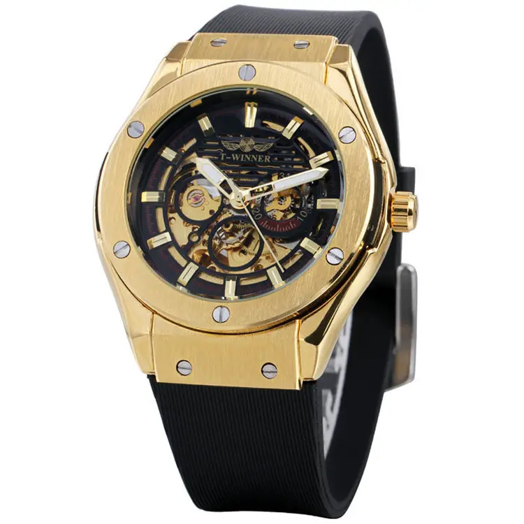 Winnaar Top Luxe Merk Mannen Automatische Mechanische Horloge Golden Metal Serie 3D Bolt Skeleton Dial Rubber Band Mannelijke Horloges