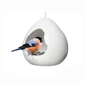 Simple Hanging Nest Shape White Ceramic Hummingbird Feeder