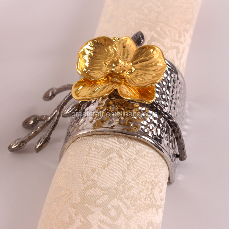GreatCraft Four Gold Orchid Napkin Rings, Set of 4 (Model CJQ38) | Elegant Table Decor