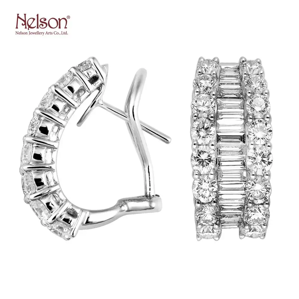 Modern Fine Jewellery Manufacturer Luxury Design 18K 750 White Gold Natural Diamond baguette and round Clip-On Earring For Women