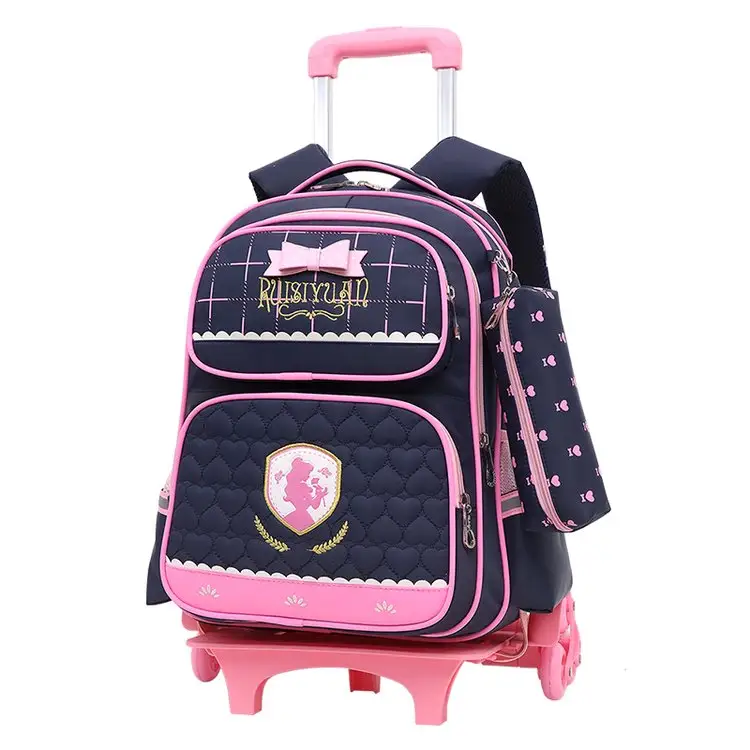 Cartoon Kid Trolley School Bag with Pencil Case School Backpack with Trolley for 7-13 ages Girls