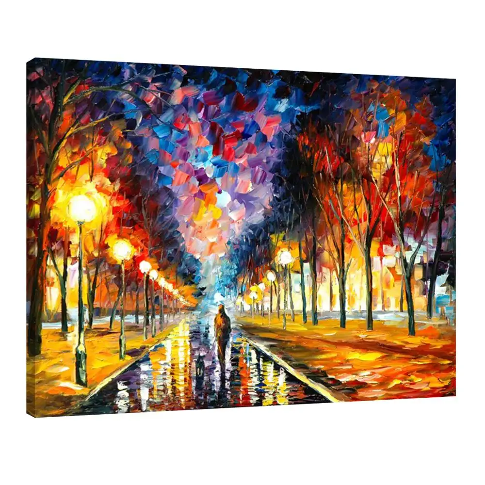 Rain street night lover landscape oil painting for living room home hotel cafe modern Wall art Decoration