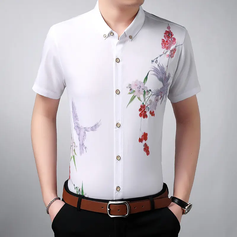 Hot sale latest summer short sleeve flower and bird print cool boy slim fit cotton man blouse shirt