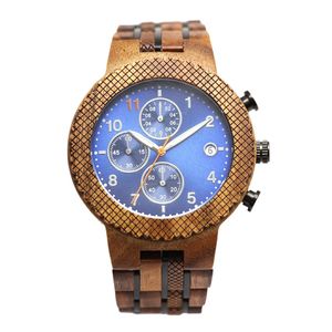 Montre chronographe analogique <span class=keywords><strong>de</strong></span> <span class=keywords><strong>luxe</strong></span> pour homme, cadran bleu roi, bracelet <span class=keywords><strong>en</strong></span> <span class=keywords><strong>bois</strong></span>, mouvement à quartz 40 mm, <span class=keywords><strong>lunette</strong></span> à motif quadrillé brossé, largeur <span class=keywords><strong>de</strong></span> bracelet 20 mm - Product Image 1