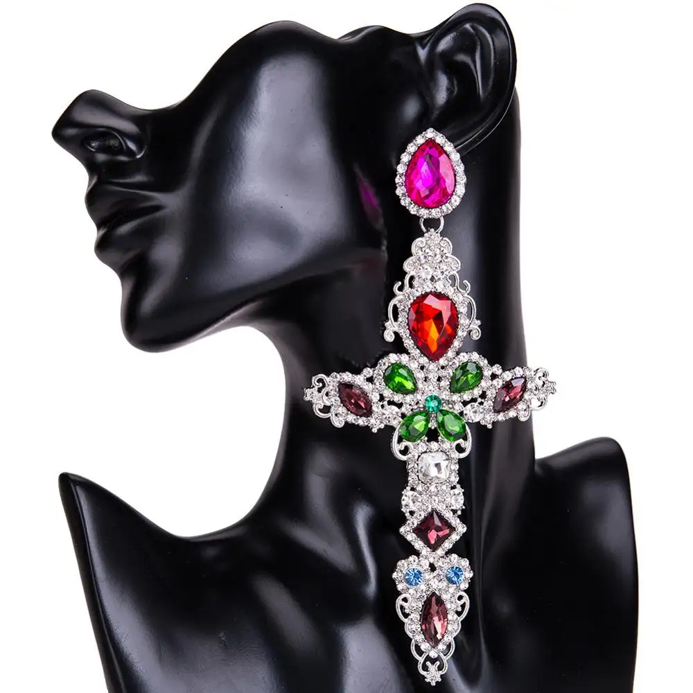 Boucles d'oreilles en cristal et strass pour femme, bijoux tendance, en grande croix, grand pendants, tendance, 2020