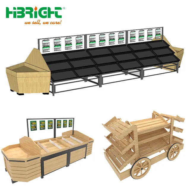 Suporte de madeira para frutas e vegetais, prateleira para venda de superfícies, suporte e prateleira de gondola