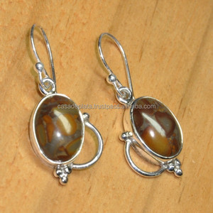 Handmade 925 <b>Sterling</b> <b>Silver</b> Dangle Ear <b>Wire</b> Earrings Genuine Oval Mokite Gemstone Trendy Style for Weddings Parties Gifts - Product Image 1