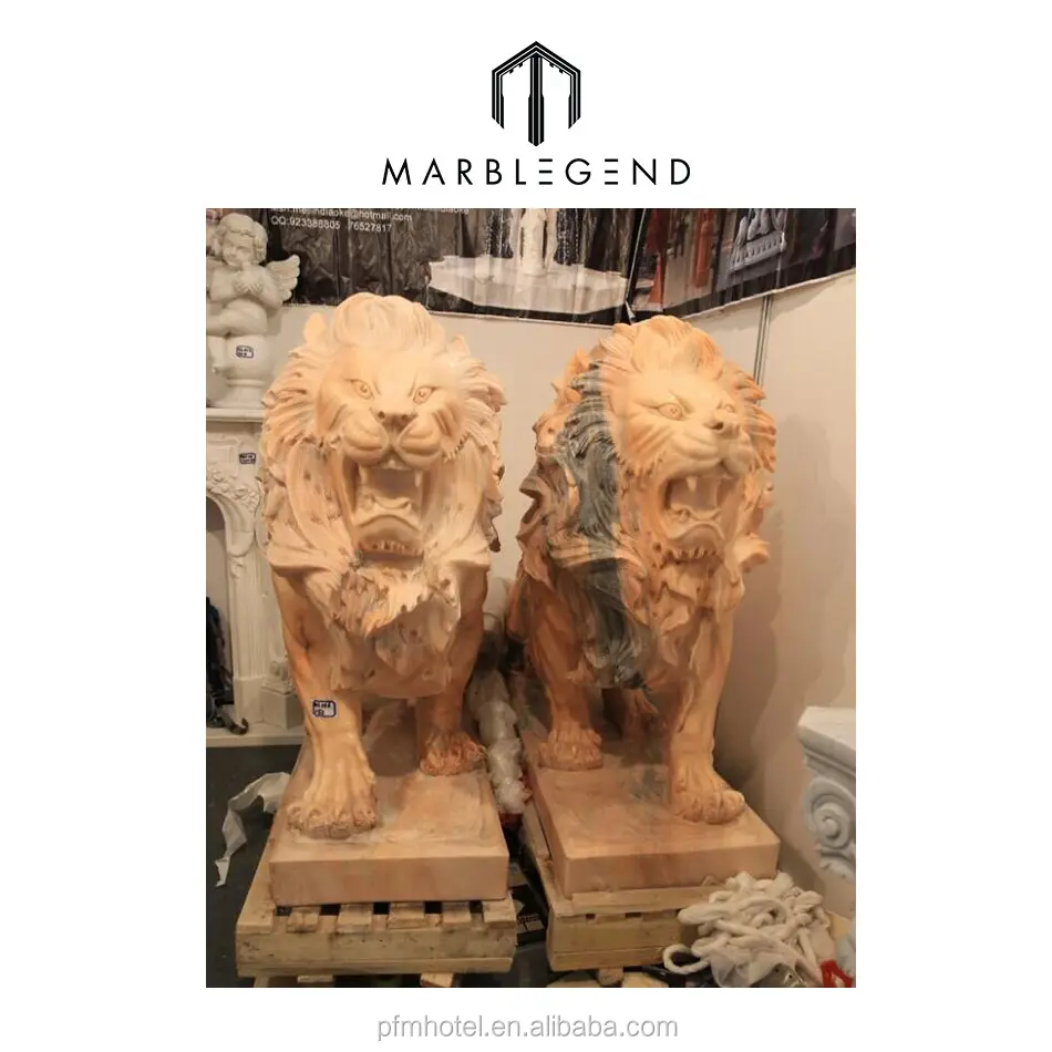 Orange natural marble stone outdoor life size lion sculpture for sale