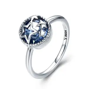 BAGREER SCR290 fashion cz stone big blue bead ring women diamond star jewelry finger ring 925 sterling silver