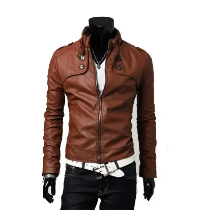 Koreaanse Mens Staande Kraag Slim Leren Jas Locomotief Pu Jas