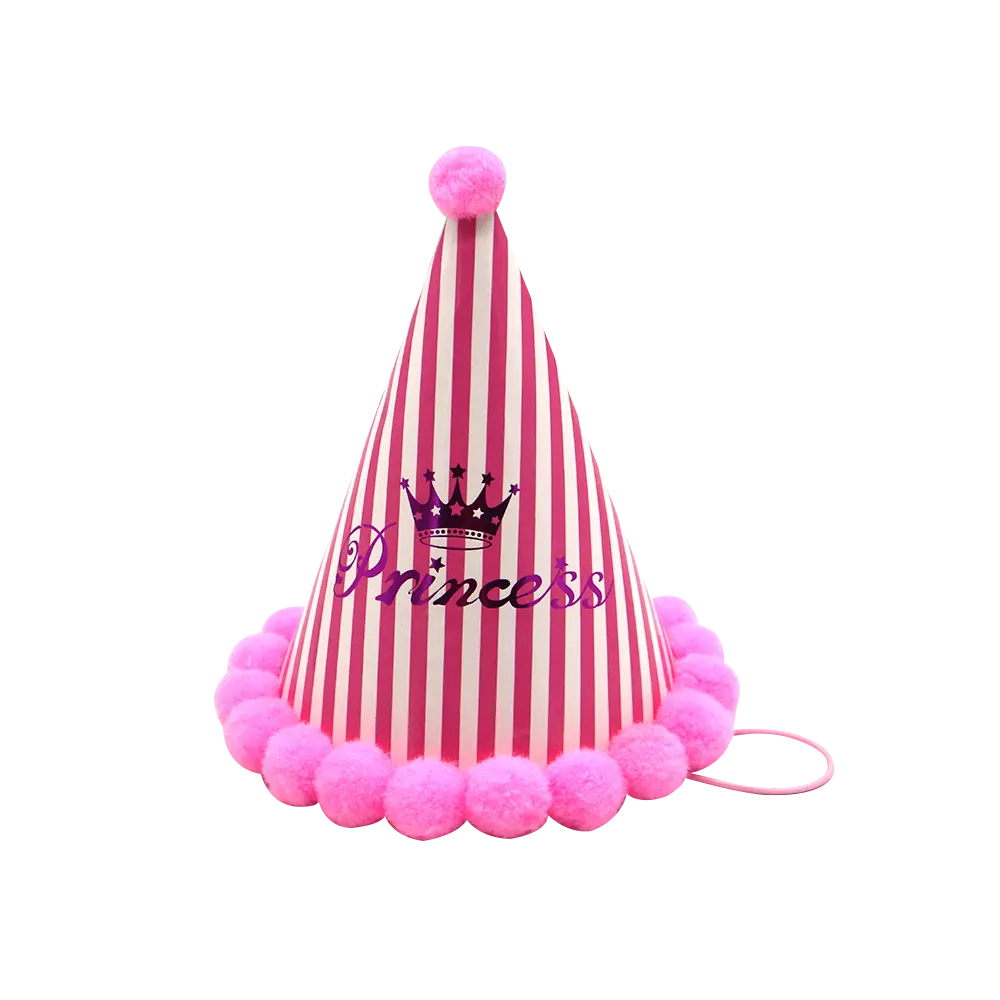 Sombrero de fiesta con estampado de Material de papel para niños y adultos, venta al por mayor, sombrero de cumpleaños, suministros de fiesta, Bola de felpa, sombrero de pastel