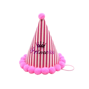 Chapeau/casquette de fête en papier imprimé pour enfants, vente en gros, chapeau d'anniversaire, fournitures de fête, boule en peluche, chapeau de gâteau, bébé, enfant, adulte