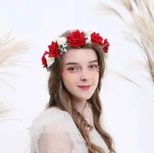 Adjustable Ribbon Wedding Women Hair Wreath Leave Flower Headband Rose Floral Crown