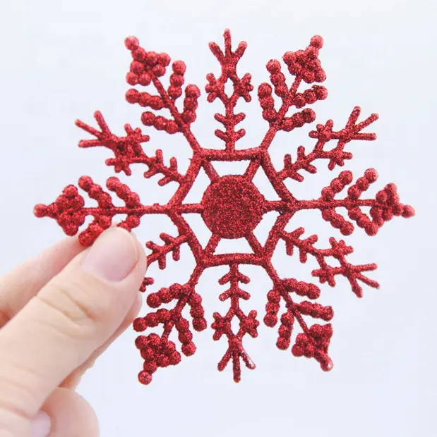 cheap plastic outdoor white red glitter snowflake ornaments for Christmas