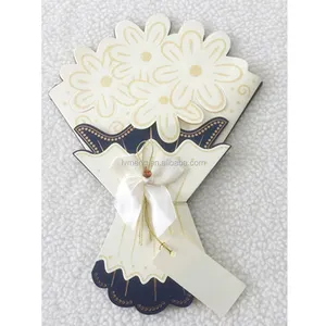 2016 New design flower shaped wooden wedding card with butterfly ribbon/Shine paper wedding card
