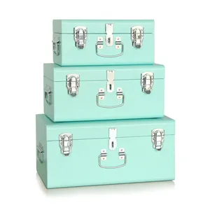 Metal Trunk Organizers Set of 3 Metal Storage Box Trunks with Silver Handles for Kids