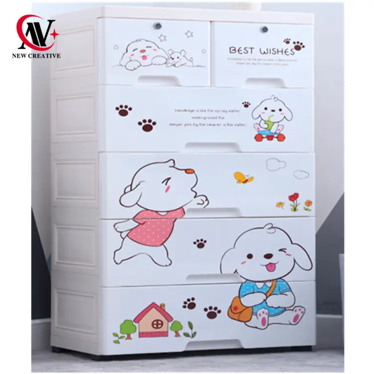 Armoire de rangement en plastique, 5 tiroirs, avec 2 verrous, personnages de dessins animés, idéale pour les enfants