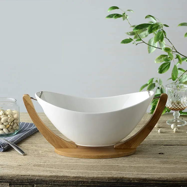 Bamboo cradle model decorative tableware white salad porcelain bowls for restaurant