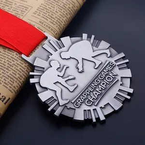자신의 사용자 정의 금속 스포츠 3D 엠보싱 실버 챔피언 그래플링 상 유도 주짓수 레슬링 메달을 디자인