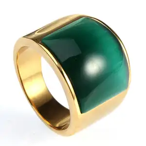 Cổ Điển Đẹp Handmade Thép Không Gỉ Opal Emerald Phiên Bản Rộng Đàn Ông Và Phụ Nữ Nhẫn Cổ Điển