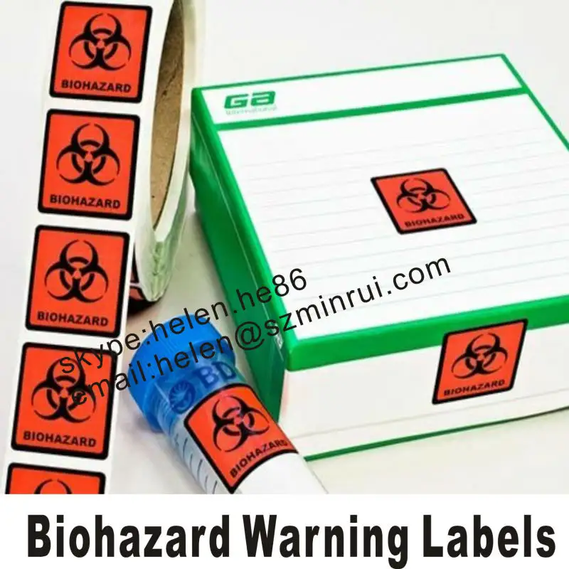 Custom Self Adhesive Biohazard Warning Labels Red Or Orange Background With Black Text And Biohazard Logo Printing Stickers
