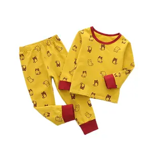 Ropa de dormir personalizada para niños y niñas, pijamas de algodón con estampado de gato, Top de manga larga y pantalones, OEM