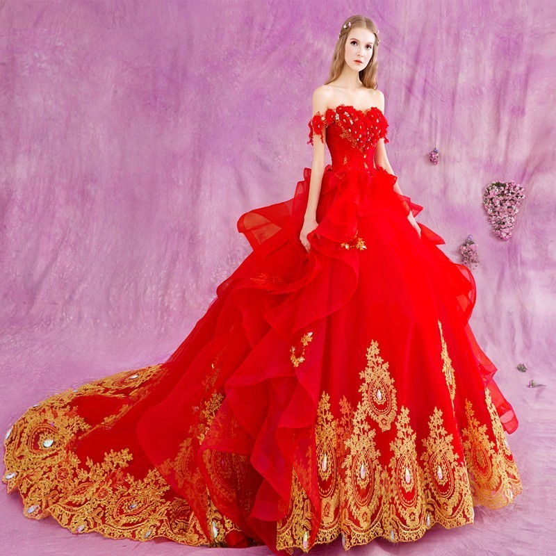 Gothic Red Ball Gown Wedding Dress with Gold Lace Appliques | Princess  Style, Available in Custom Sizes - Modern Bridal Apparel