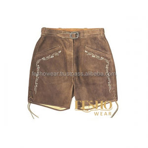 High Quality Soft Ladies <b>Leather</b> <b>Shorts</b> Embroidered Breathable Traditional Casual Festive Wear Light Wash Lederhosen Style - Product Image 1