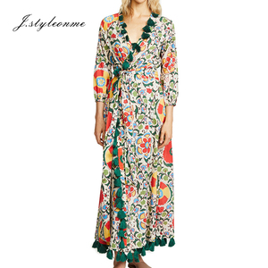 2018 nuevo vestido de las señoras borla de impresión V cuello <span class=keywords><strong>linterna</strong></span> manga larga con cinturón maxi vestido <span class=keywords><strong>verde</strong></span> mujeres - Product Image 1