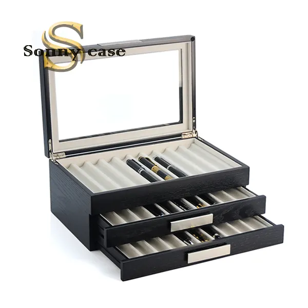 30 espaços caixa de caneta fonte de madeira para coletores de canetas com exibição superior de vidro