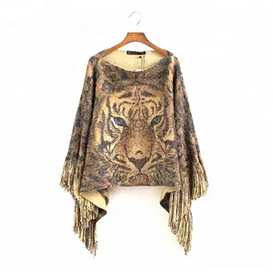 Tiger head Women's tiger pattern sweater short and knitted cape shawl