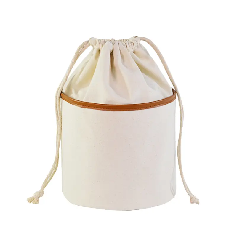 Plain Blank Travel Large Round Barrel Canvas Drawstring Cosmetic Bags Lips/Brush/Eyelash Makeup Organizer Bag