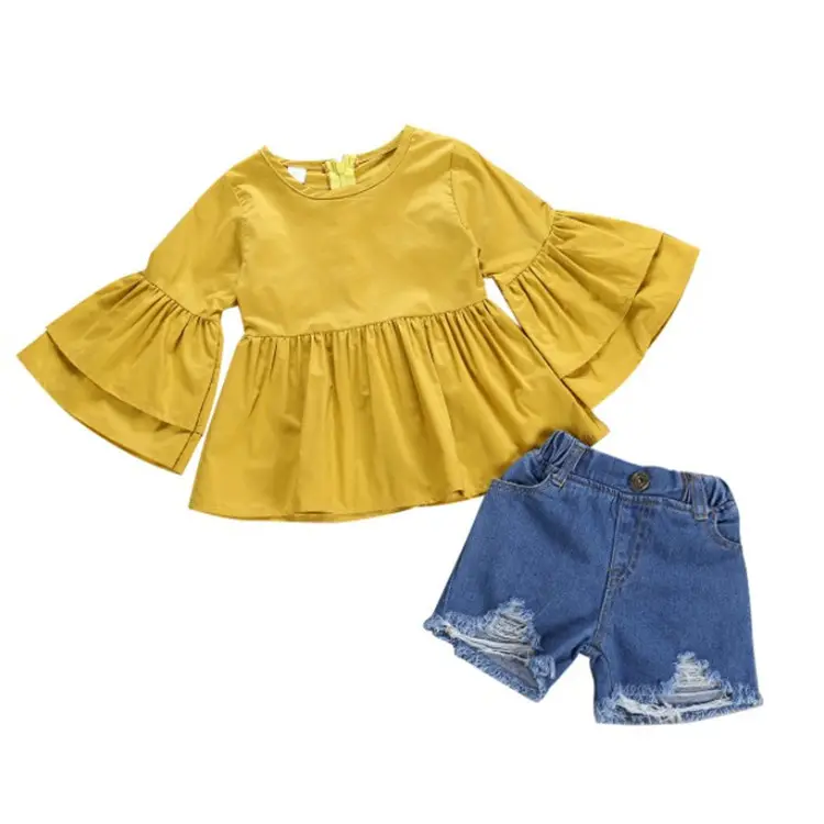 Customized Fashion Wholesale Smocked Top Jeans Shorts Boutique Children Clothes Cute Baby Girl Clothing Set