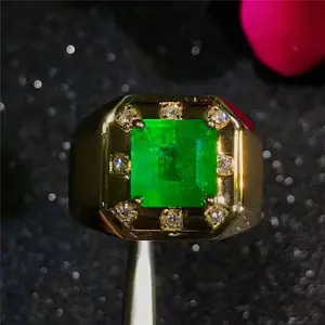 China Manufacturer Cheap Fashion Octagon Cut Natural Vivid Green Colombian Emerald Mens Diamond Ring