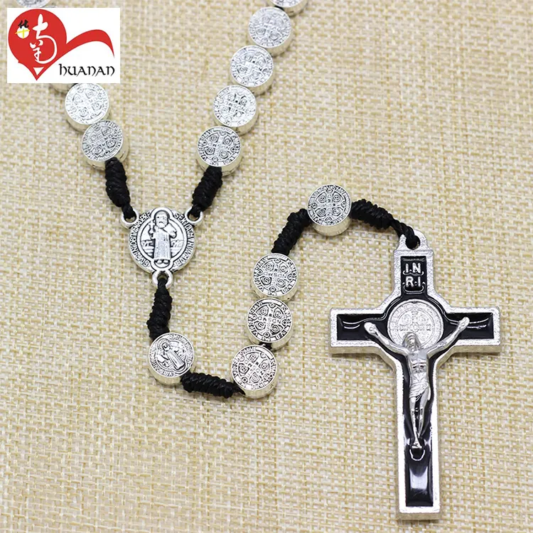 Huanan nuovo prodotto popolare Europeo 6mm branelli di preghiera metallo argento crocifisso rosario
