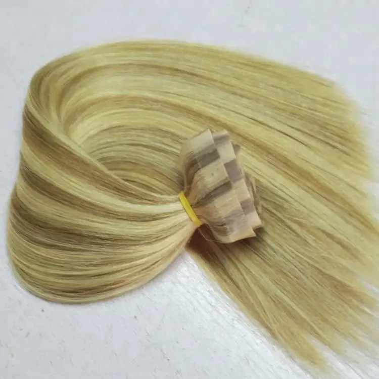 Bruin Met Blonde Highlight Human Hair Extension Pu Skin Inslag Full Head Set Naadloze Clip In Hair Extensions