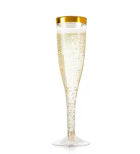 ゴールドシャンパン50プラスチックガラスフルート4.5オンス。クリアハード使い捨てパーティー & ウェディングカップ & ソーサーPS透明カスタマイズ