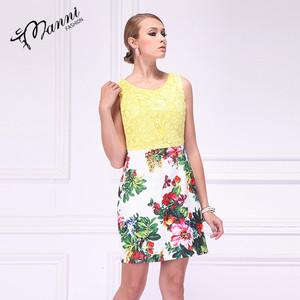 2018 nuevo estilo <span class=keywords><strong>amarillo</strong></span> gasa <span class=keywords><strong>vestido</strong></span> <span class=keywords><strong>de</strong></span> impresión floral patchwork primavera casual sundress sin mangas señoras vestidos - Product Image 5